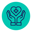 An icon of two hands supporting a heart with a medical cross in the centre on a turquoise blue background.